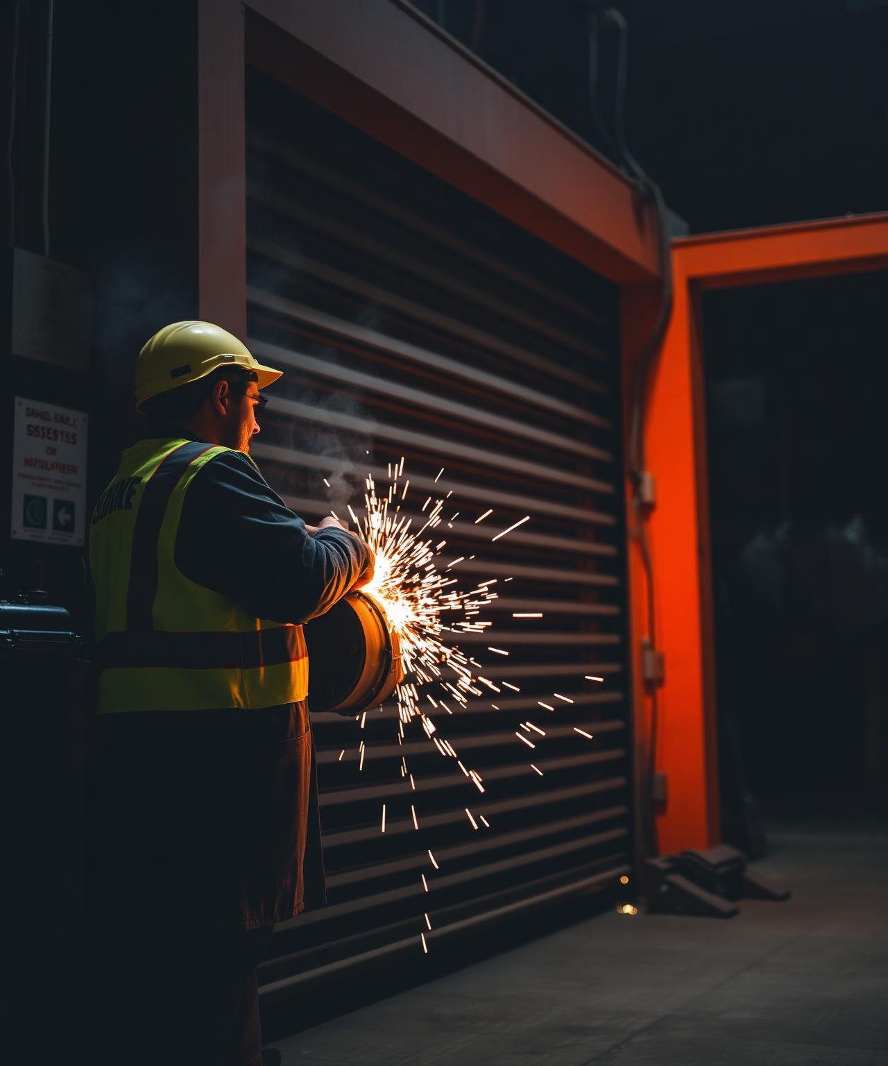 Técnico realizando manutenção em porta de aço de enrolar