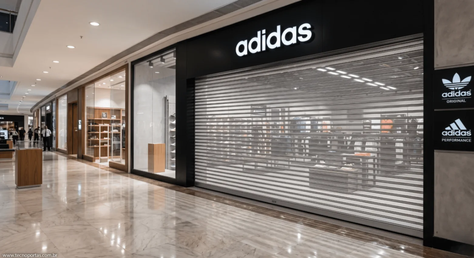 Porta de aço com grade transparente instalada em loja de shopping center